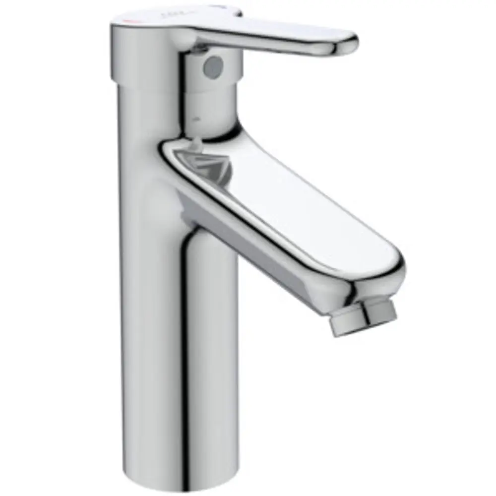 Chromfarbene Armatur von Ideal Standard mit einem Hebel zum Einstellen der Wassertemperatur und einem Auslauf für den Wasserabfluss.